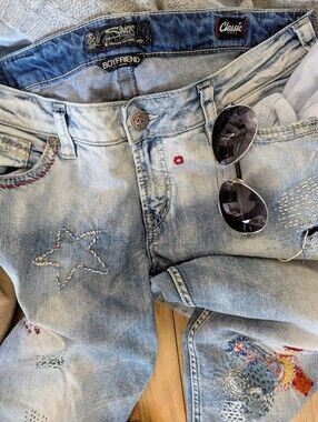 Silver Jeans OOAK Sashiko Boro Inspired Hand-stitched Atelier Patched Distressed